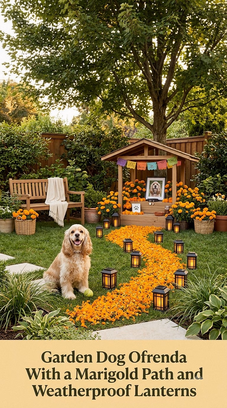 6. Garden Dog Ofrenda With a Marigold Path and Weatherproof Lanterns