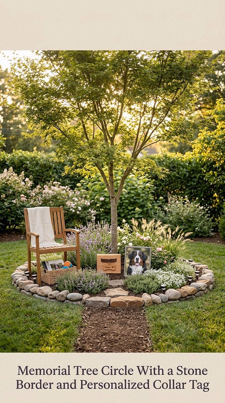 6. Memorial Tree Circle With a Stone Border and Personalized Collar Tag