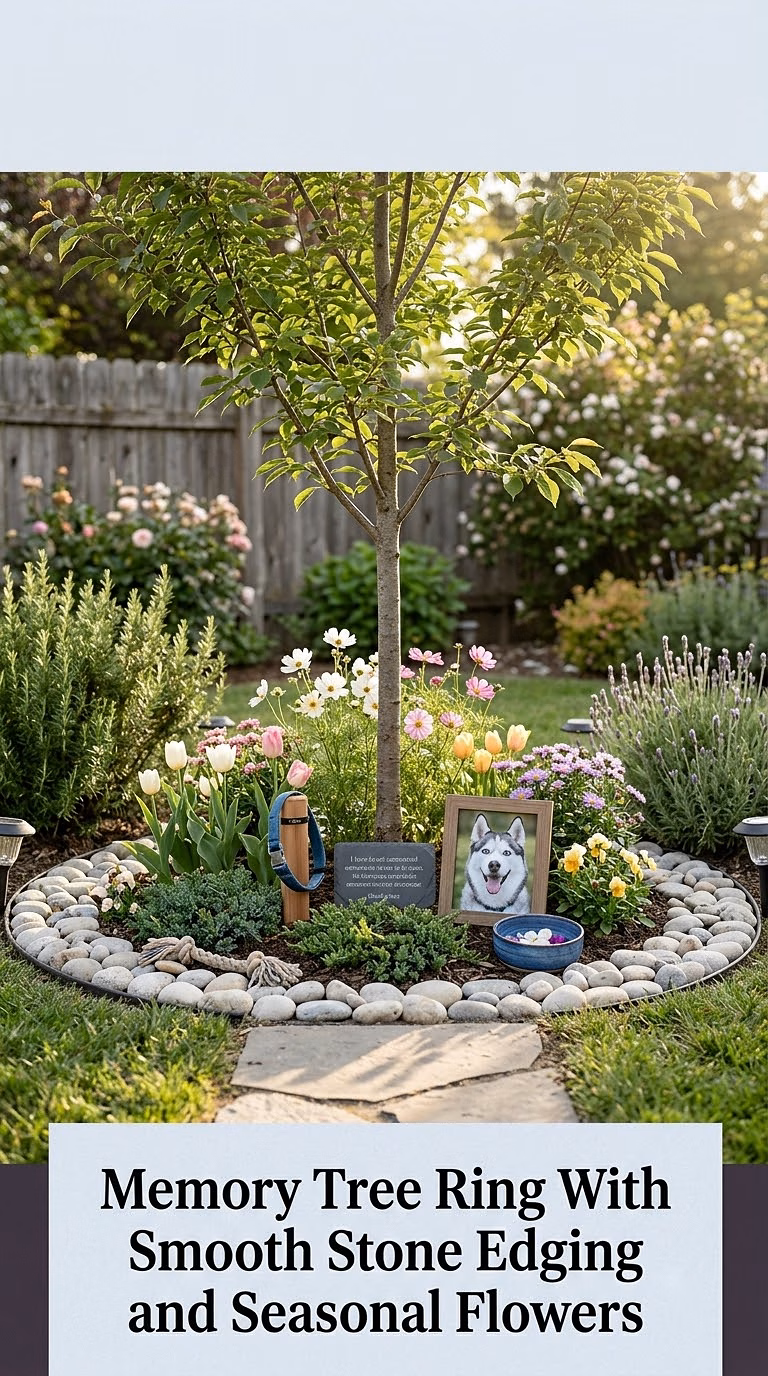 6. Memory Tree Ring With Smooth Stone Edging and Seasonal Flowers