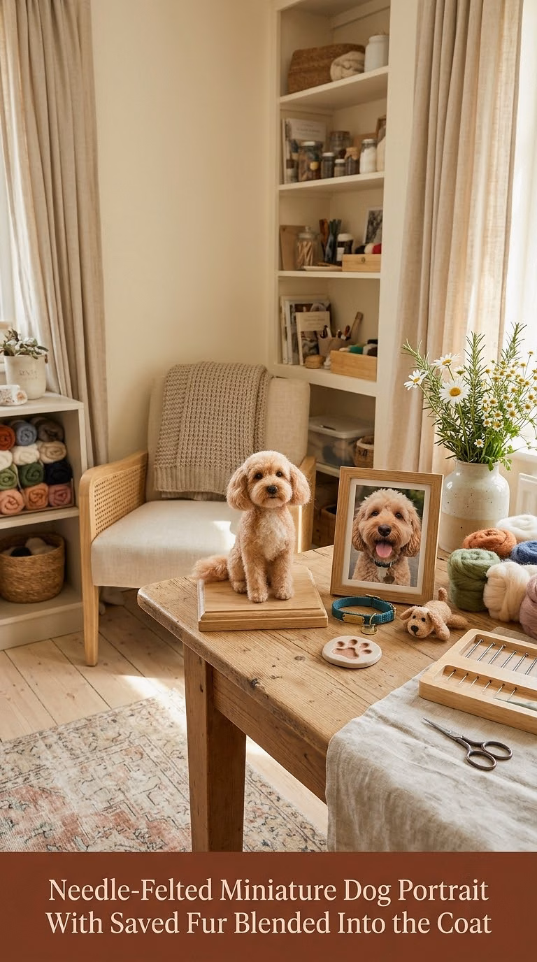 6. Needle-Felted Miniature Dog Portrait With Saved Fur Blended Into the Coat
