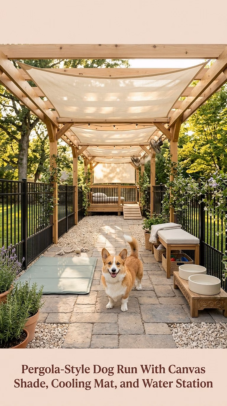 6. Pergola-Style Dog Run With Canvas Shade, Cooling Mat, and Water Station