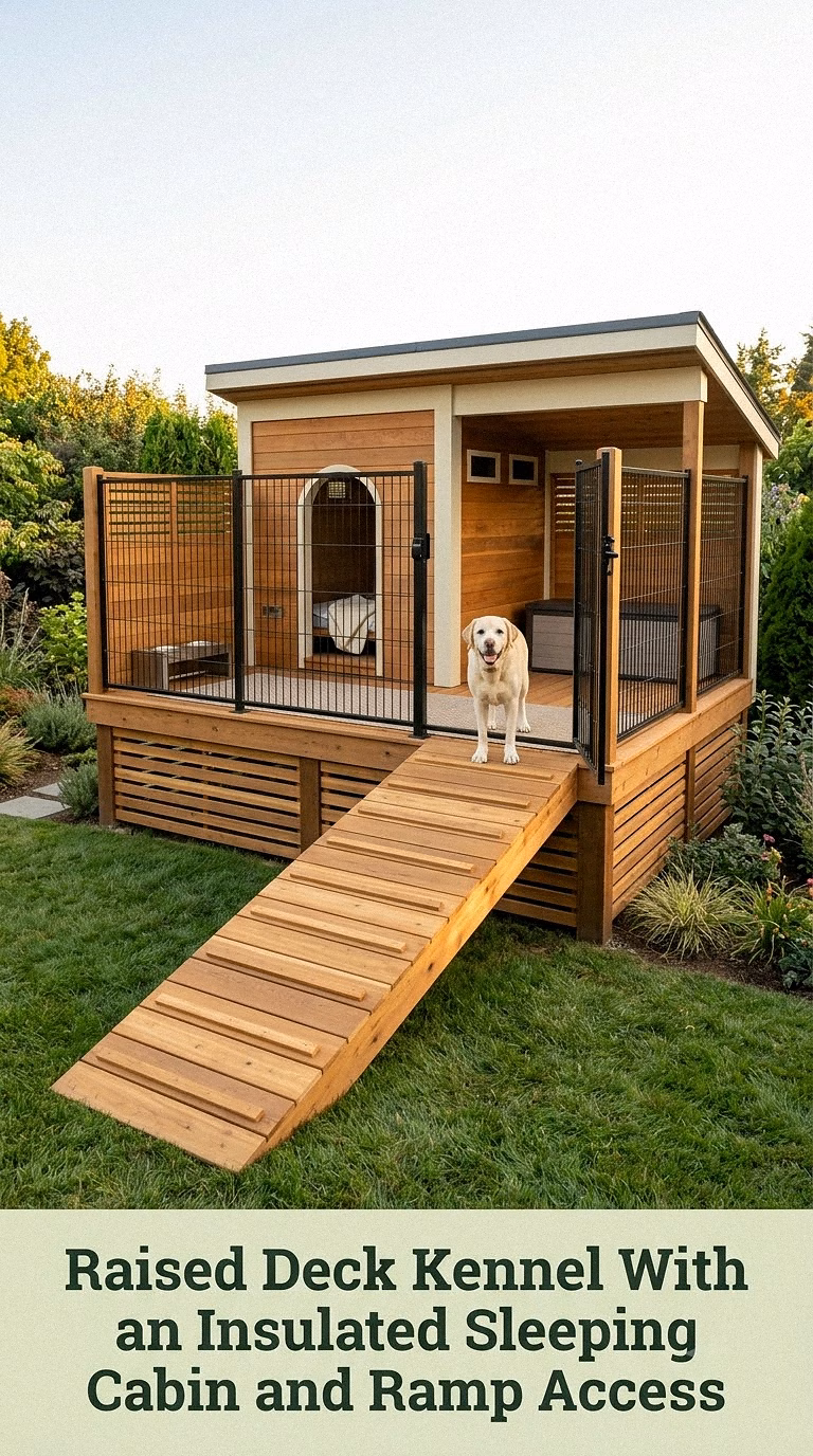 6. Raised Deck Kennel With an Insulated Sleeping Cabin and Ramp Access