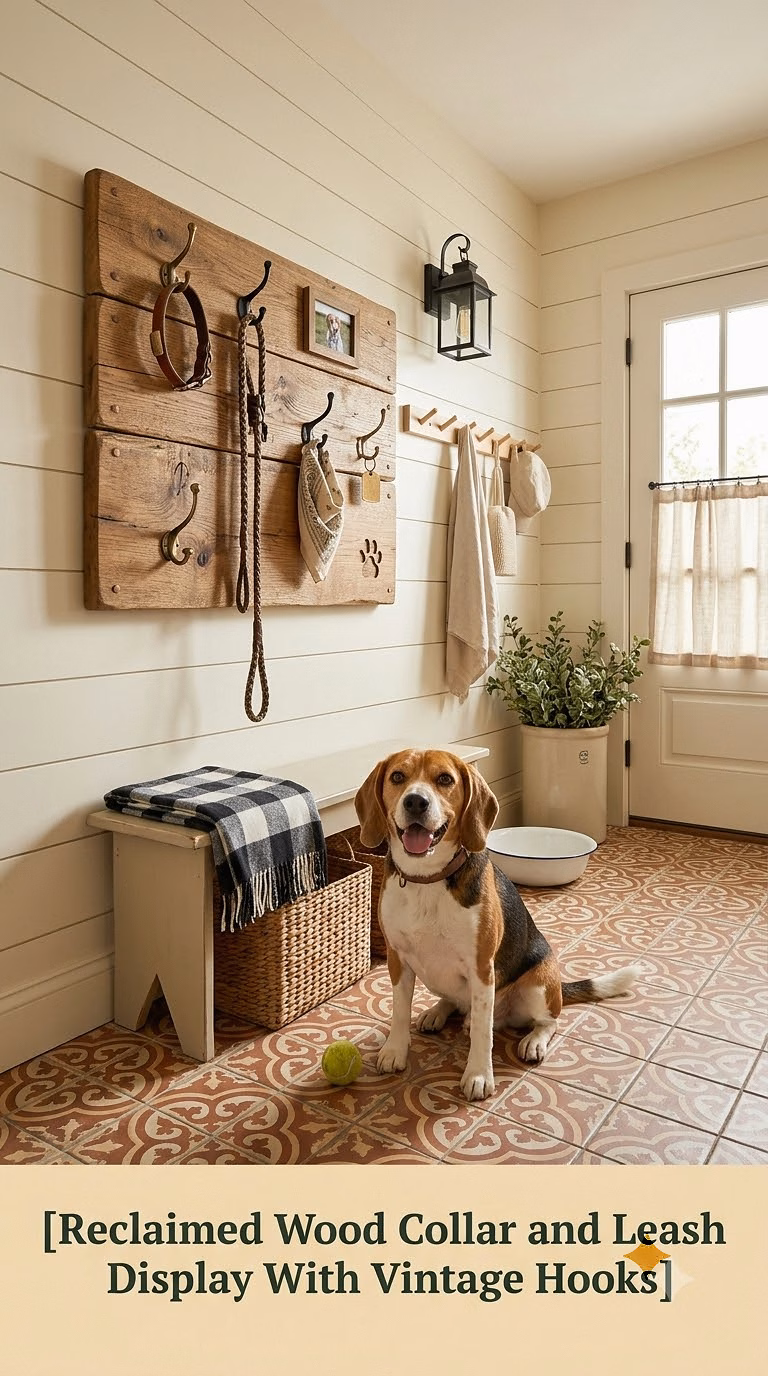 6. Reclaimed Wood Collar and Leash Display With Vintage Hooks
