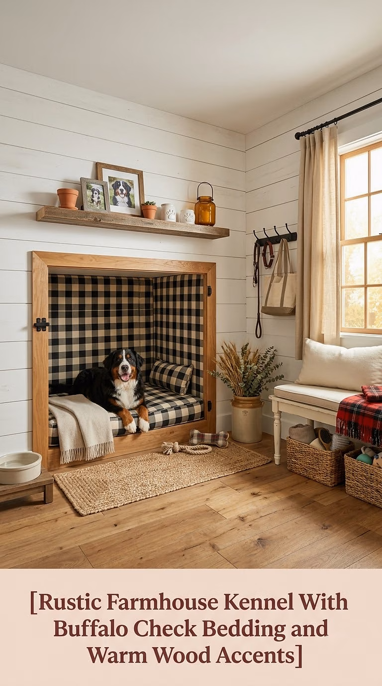 6. Rustic Farmhouse Kennel With Buffalo Check Bedding and Warm Wood Accents