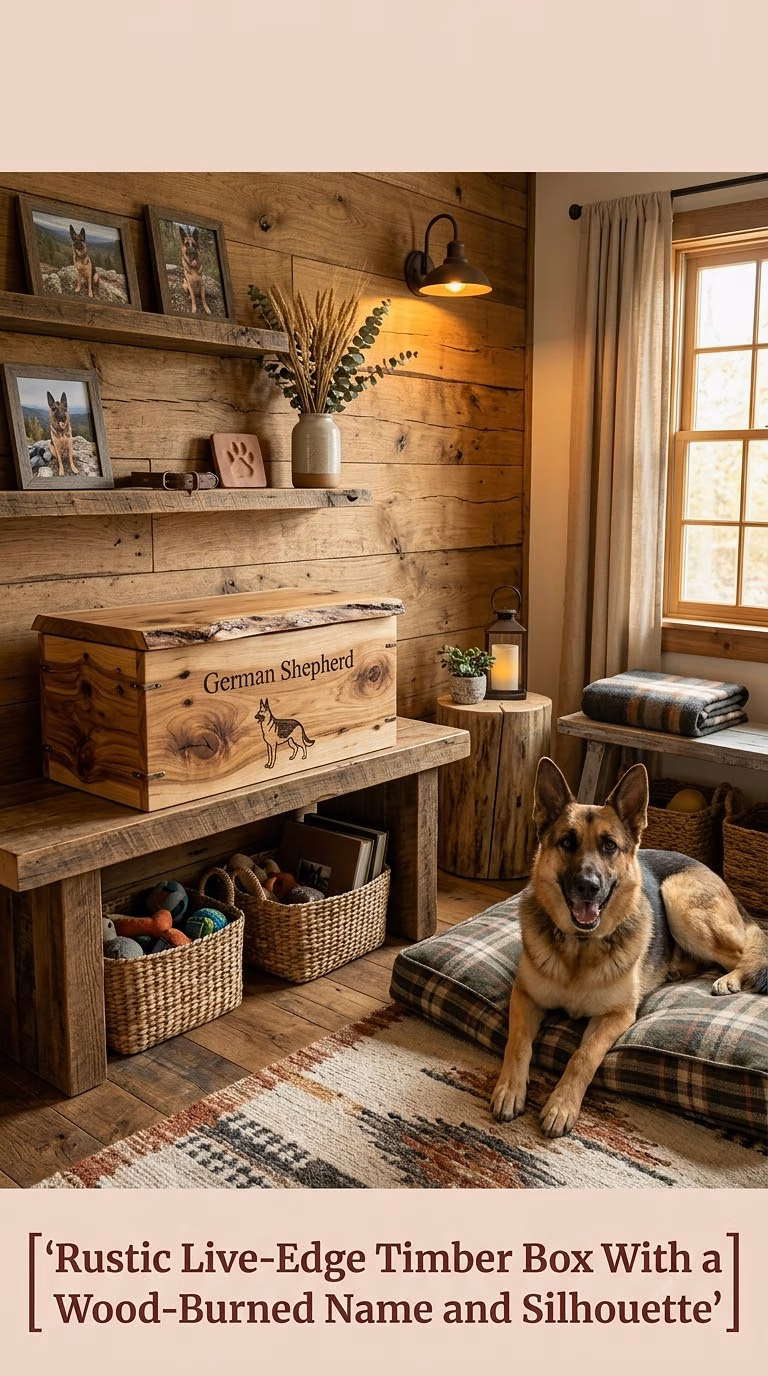 6. Rustic Live-Edge Timber Box With a Wood-Burned Name and Silhouette
