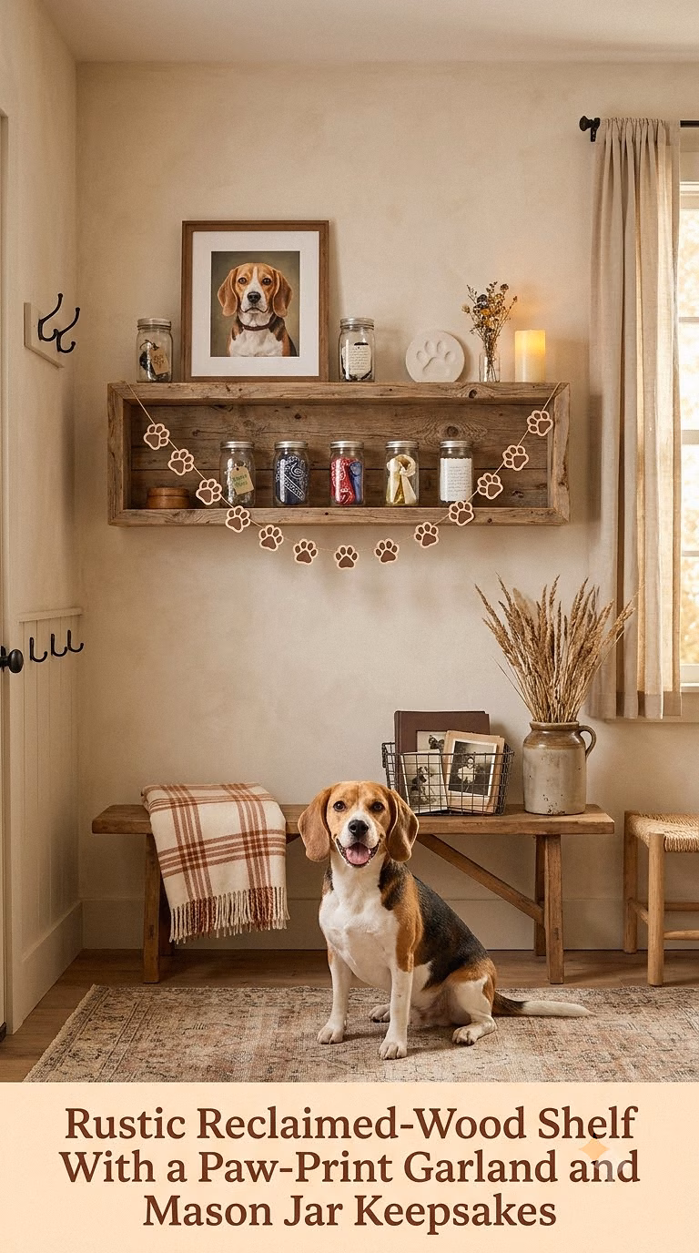 6. Rustic Reclaimed-Wood Shelf With a Paw-Print Garland and Mason Jar Keepsakes