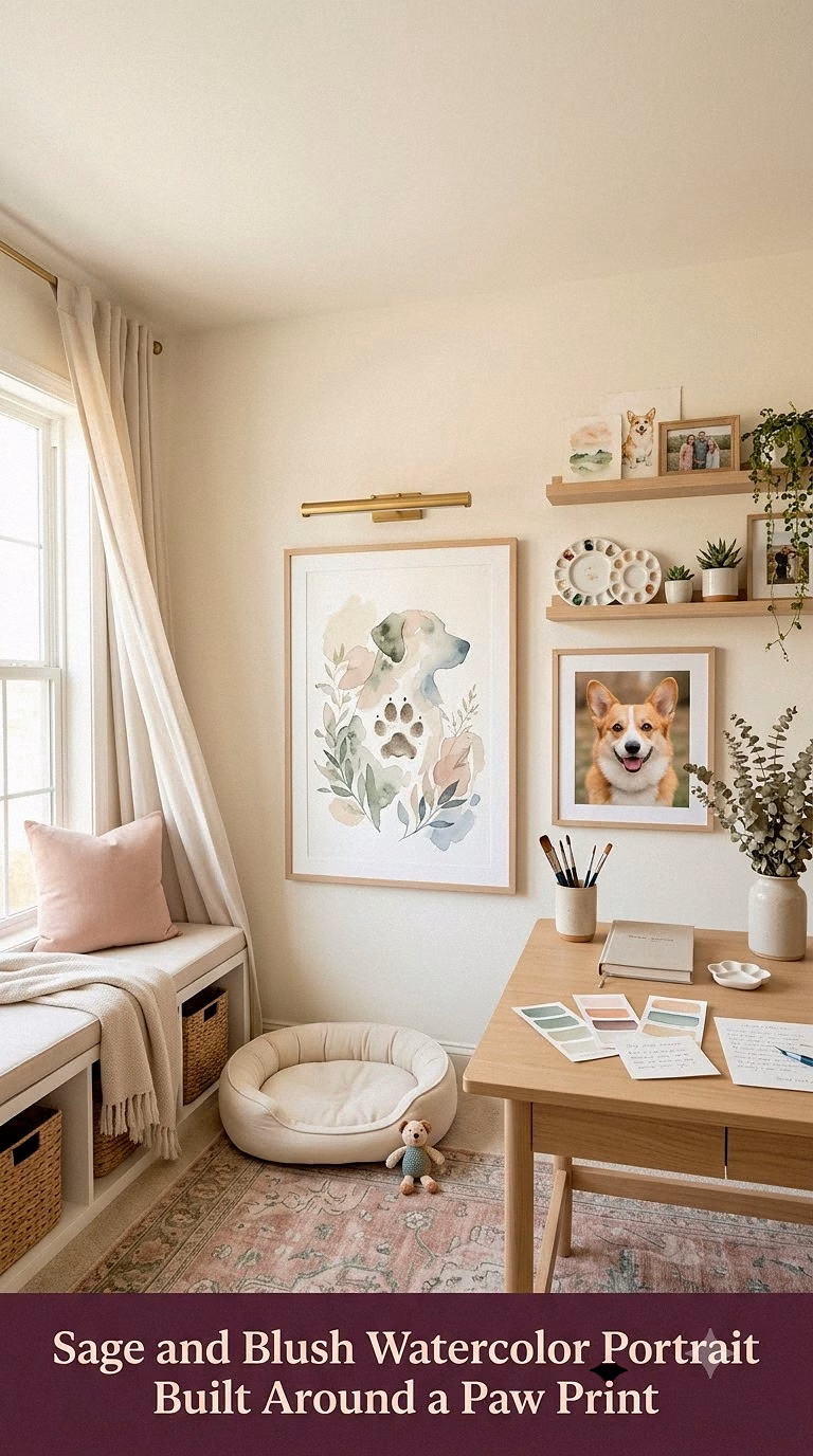 6. Sage and Blush Watercolor Portrait Built Around a Paw Print