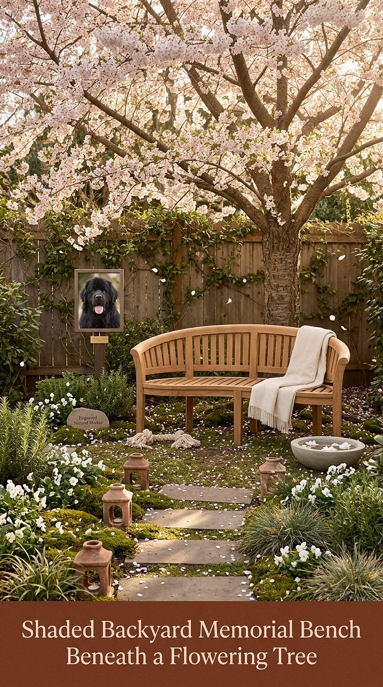 6. Shaded Backyard Memorial Bench Beneath a Flowering Tree