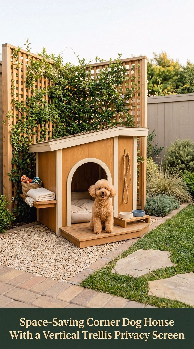6. Space-Saving Corner Dog House With a Vertical Trellis Privacy Screen