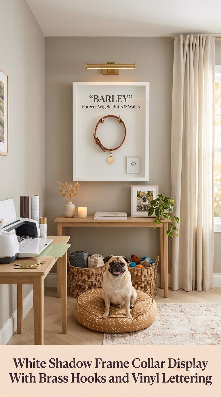 6. White Shadow Frame Collar Display With Brass Hooks and Vinyl Lettering