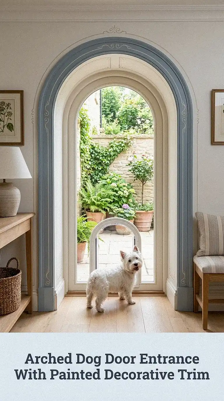 Arched Dog Door Entrance With Painted Decorative Trim