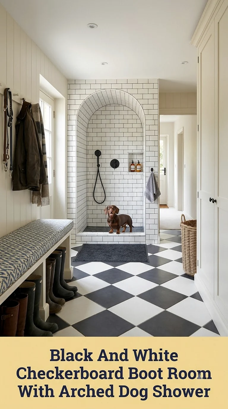 Black And White Checkerboard Boot Room With Arched Dog Shower