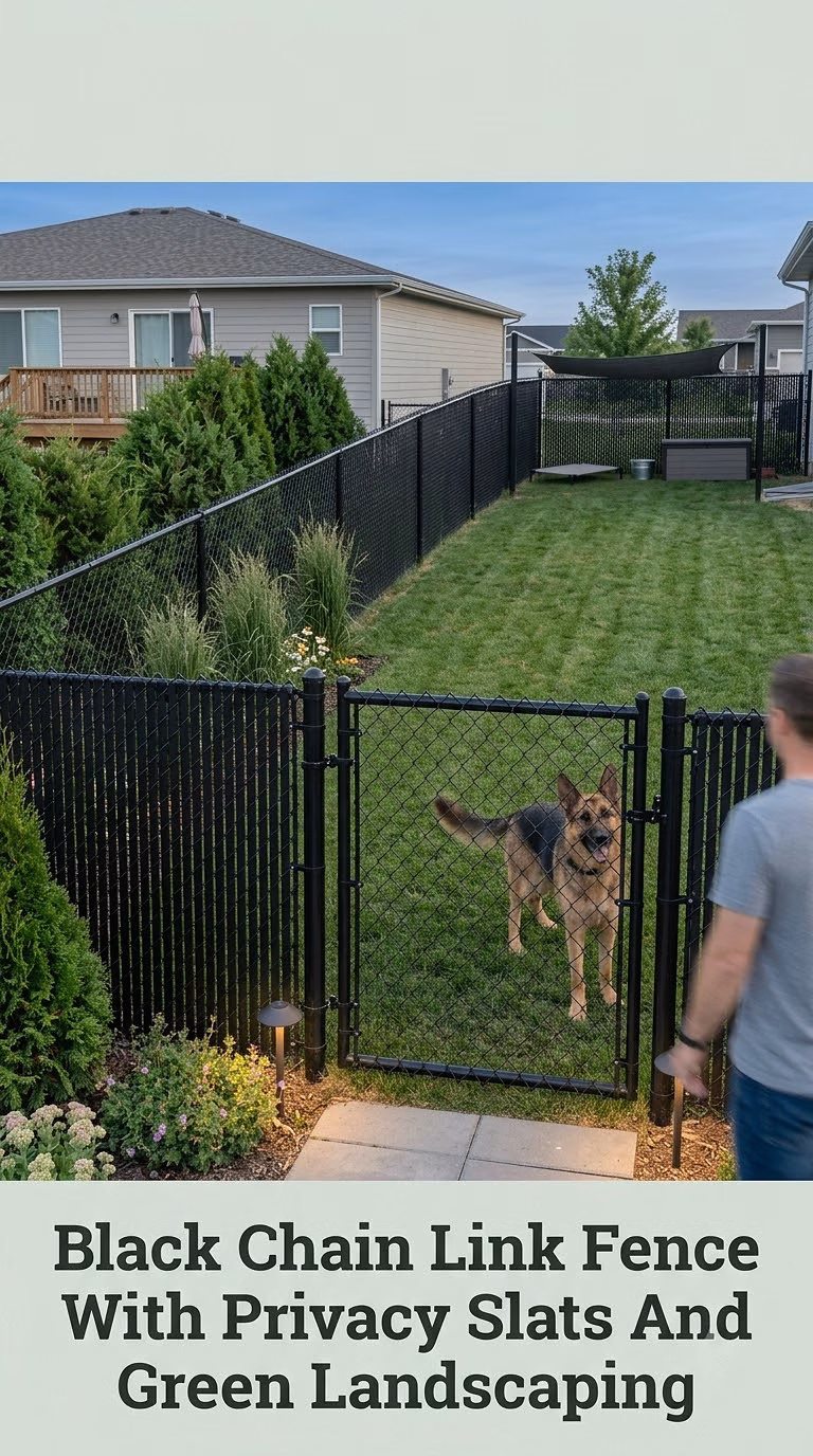 Black Chain Link Fence With Privacy Slats And Green Landscaping