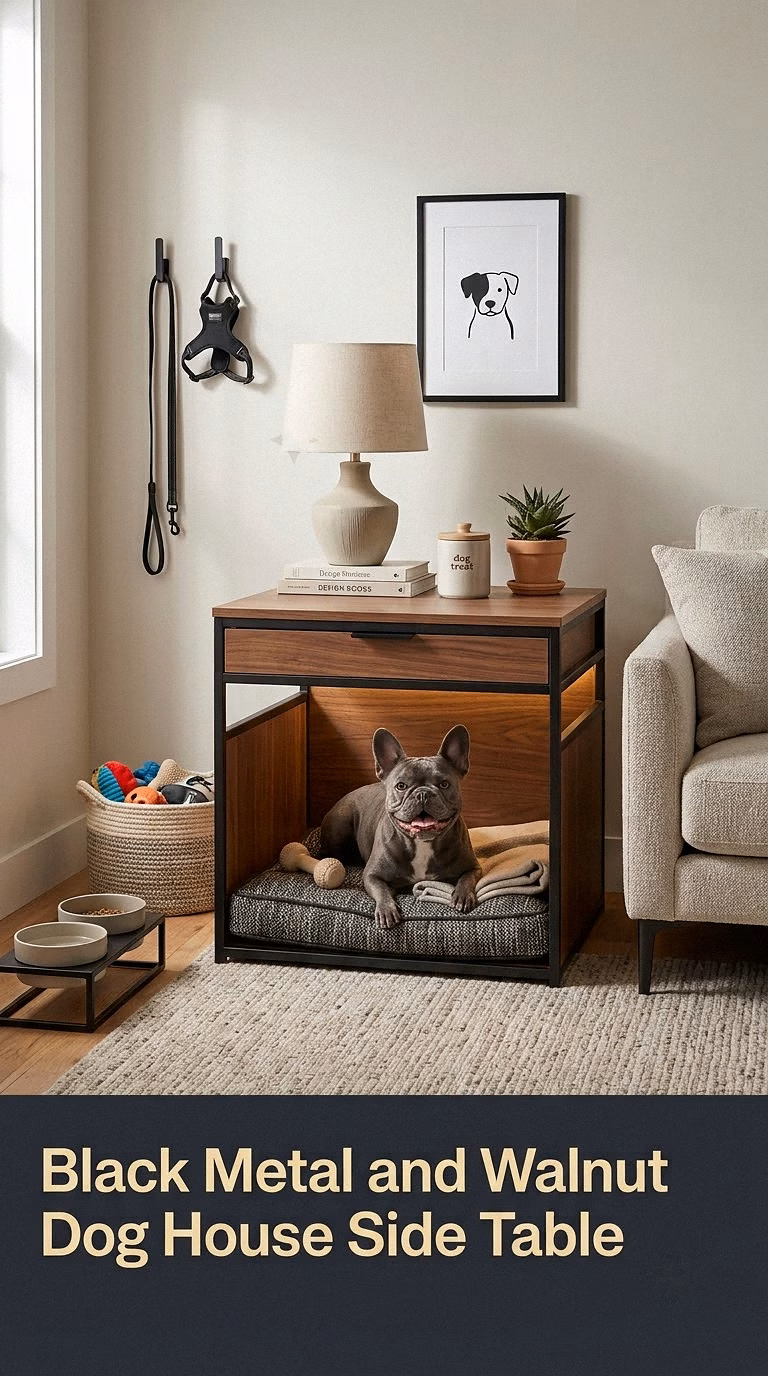6. Black Metal and Walnut Dog House Side Table