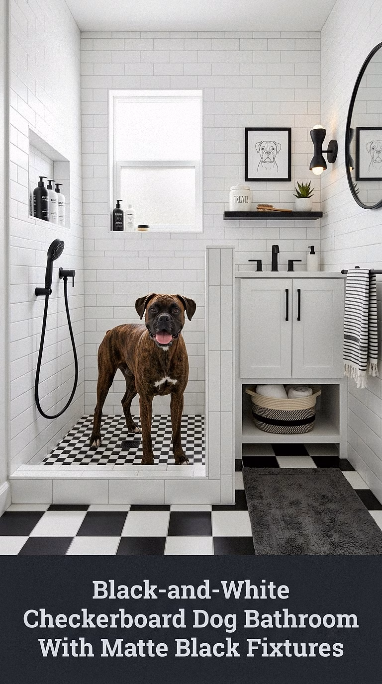 6. Black-and-White Checkerboard Dog Bathroom With Matte Black Fixtures