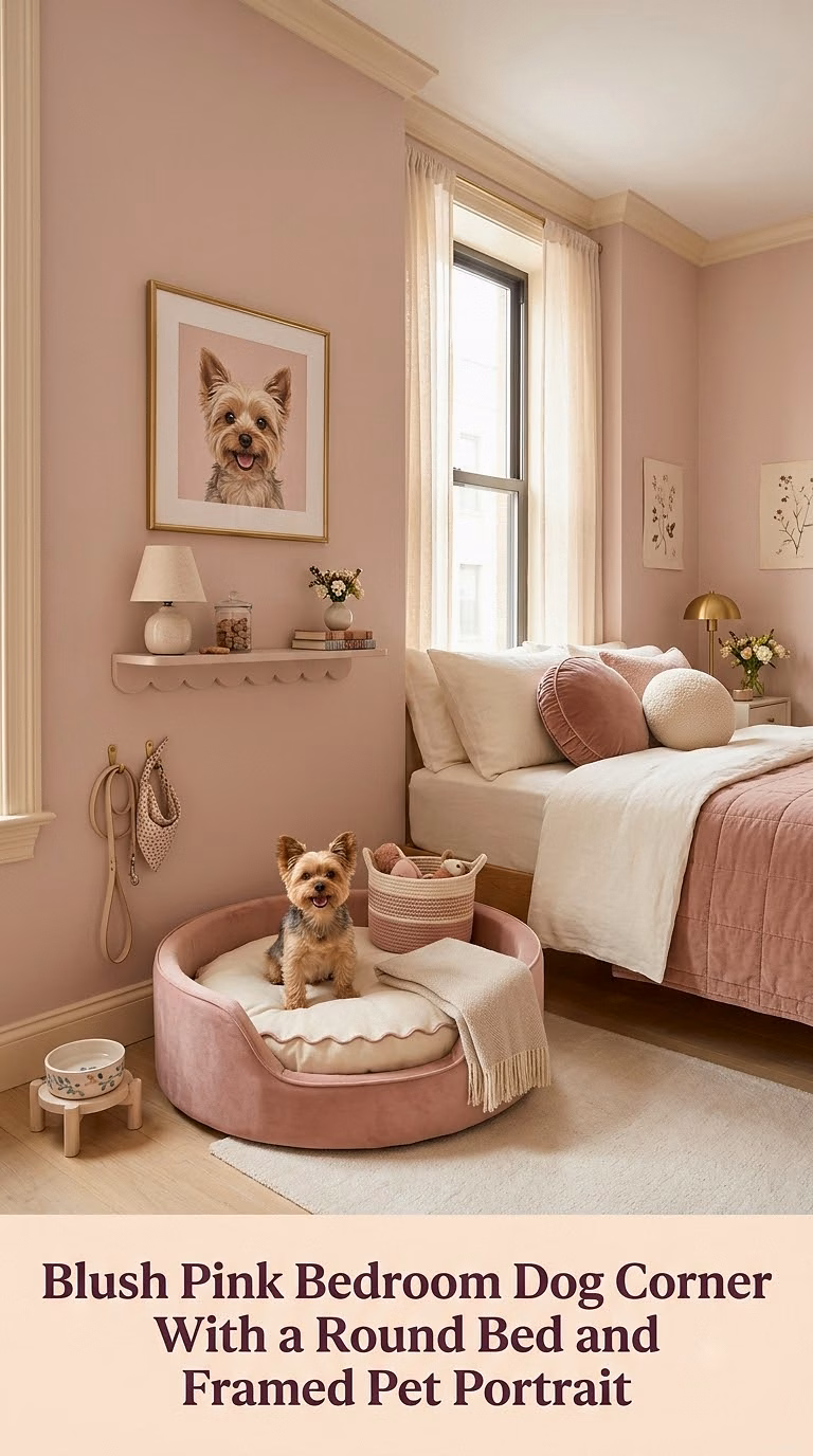 6. Blush Pink Bedroom Dog Corner With a Round Bed and Framed Pet Portrait