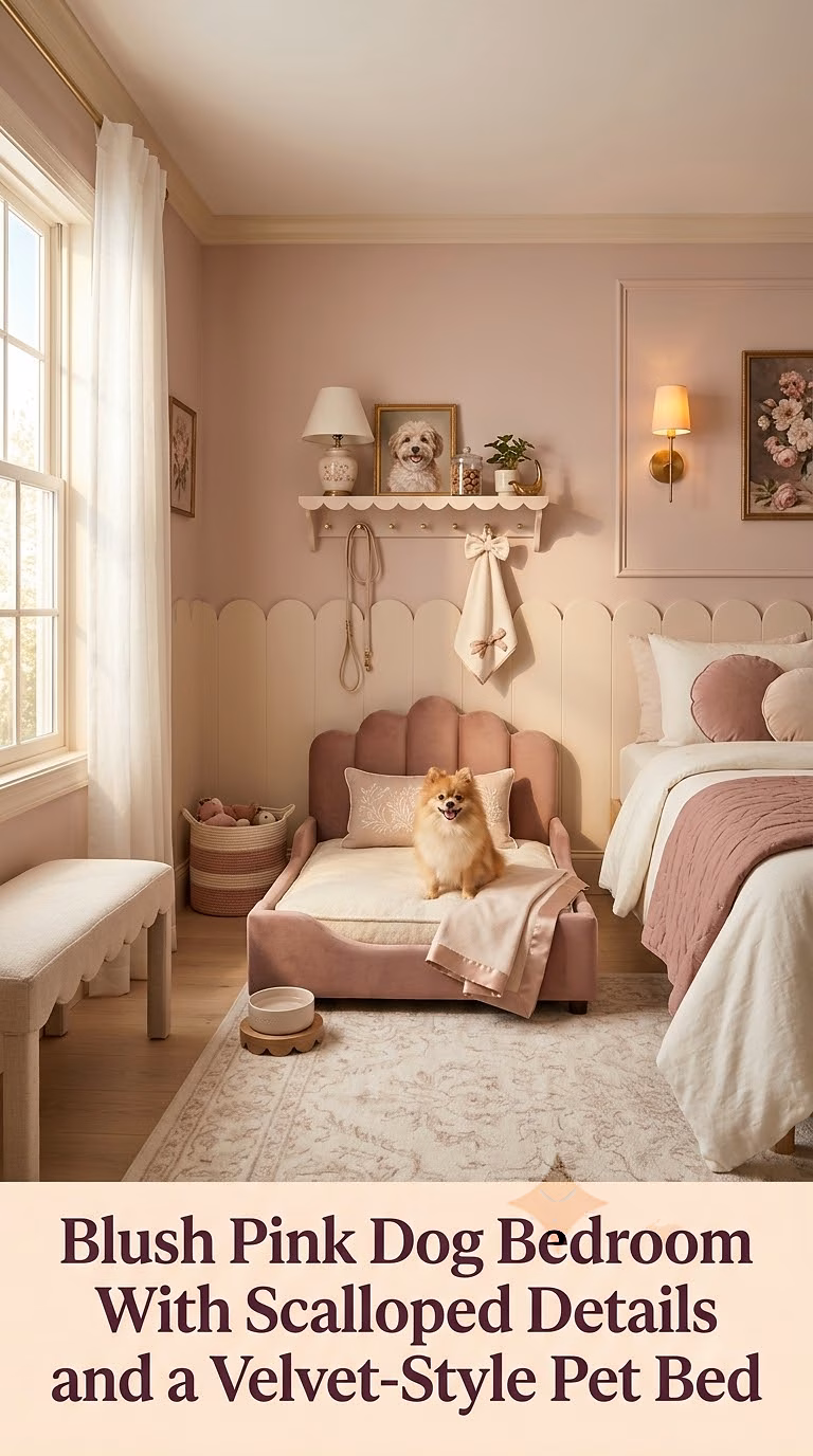 6. Blush Pink Dog Bedroom With Scalloped Details and a Velvet-Style Pet Bed