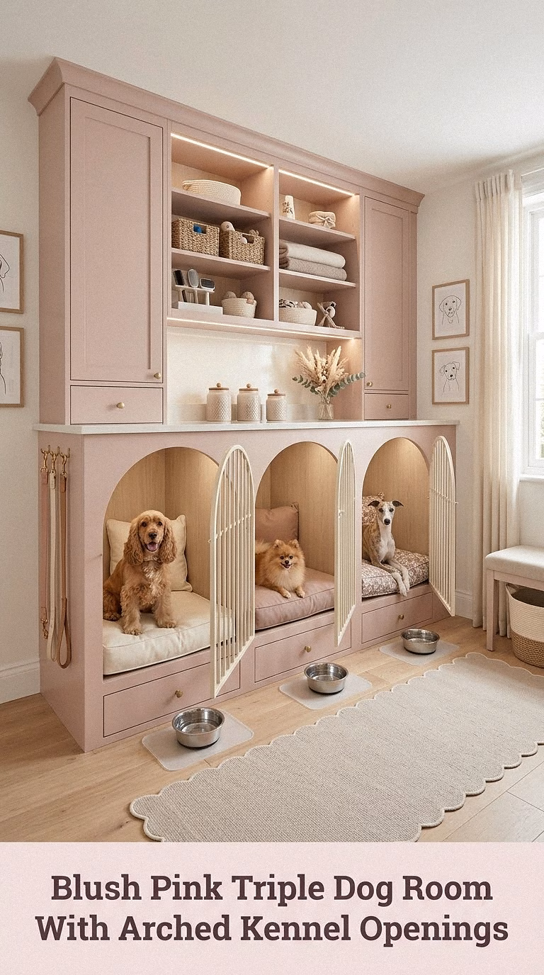 Blush Pink Triple Dog Room With Arched Kennel Openings