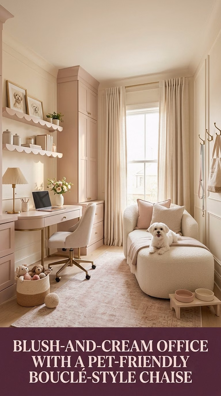 Blush-and-Cream Office With a Pet-Friendly Bouclé-Style Chaise