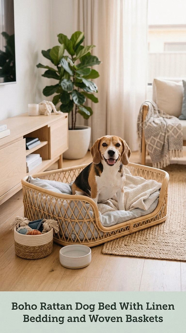 Boho Rattan Dog Bed With Linen Bedding and Woven Baskets