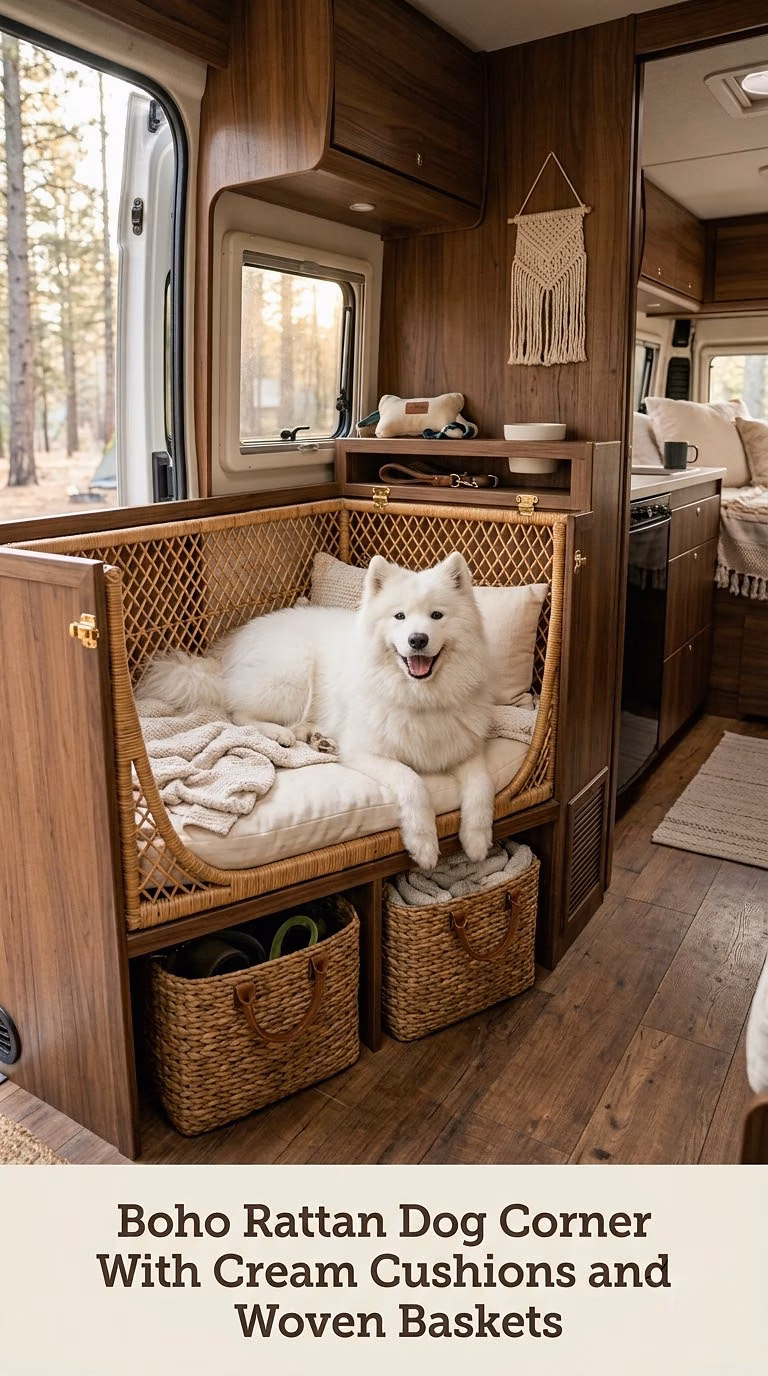 Boho Rattan Dog Corner With Cream Cushions and Woven Baskets