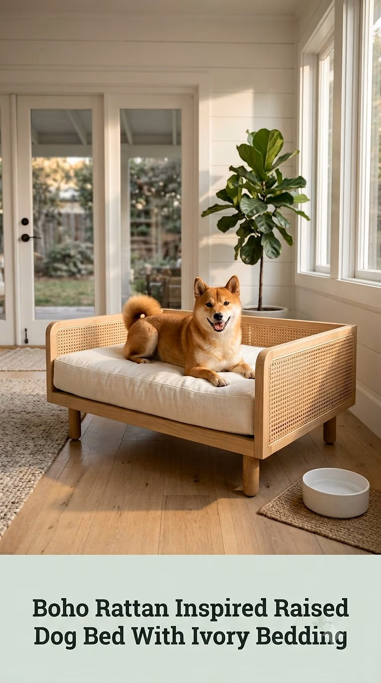 Boho Rattan Inspired Raised Dog Bed With Ivory Bedding