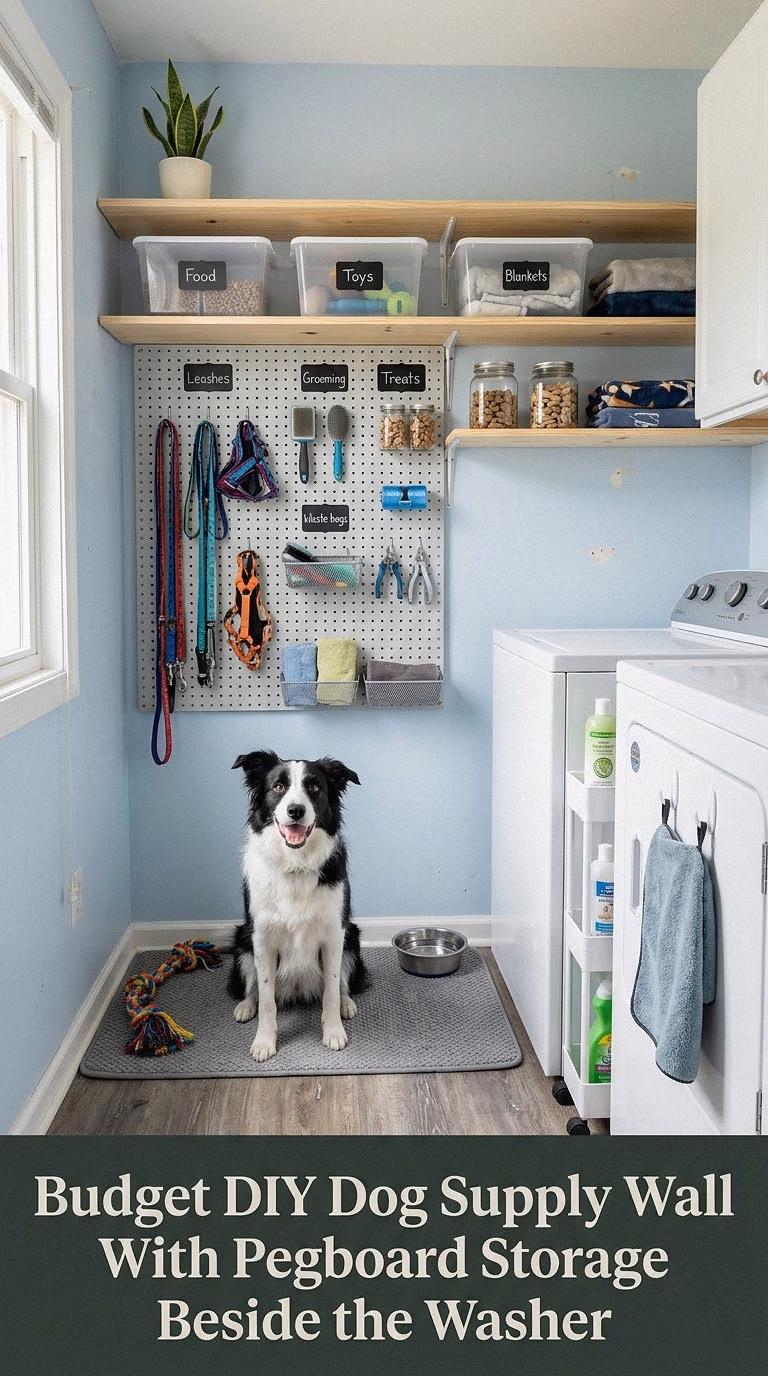 6. Budget DIY Dog Supply Wall With Pegboard Storage Beside the Washer