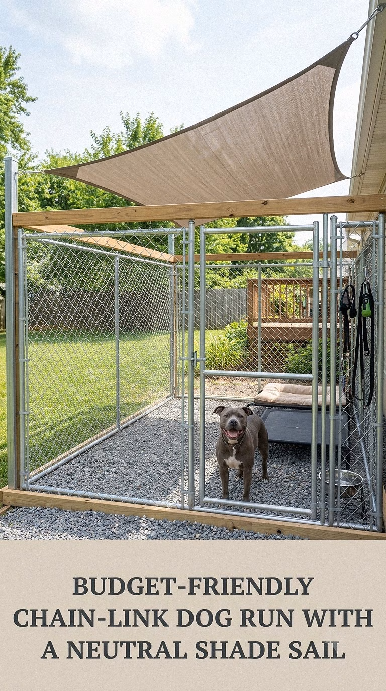 Budget-Friendly Chain-Link Dog Run With a Neutral Shade Sail