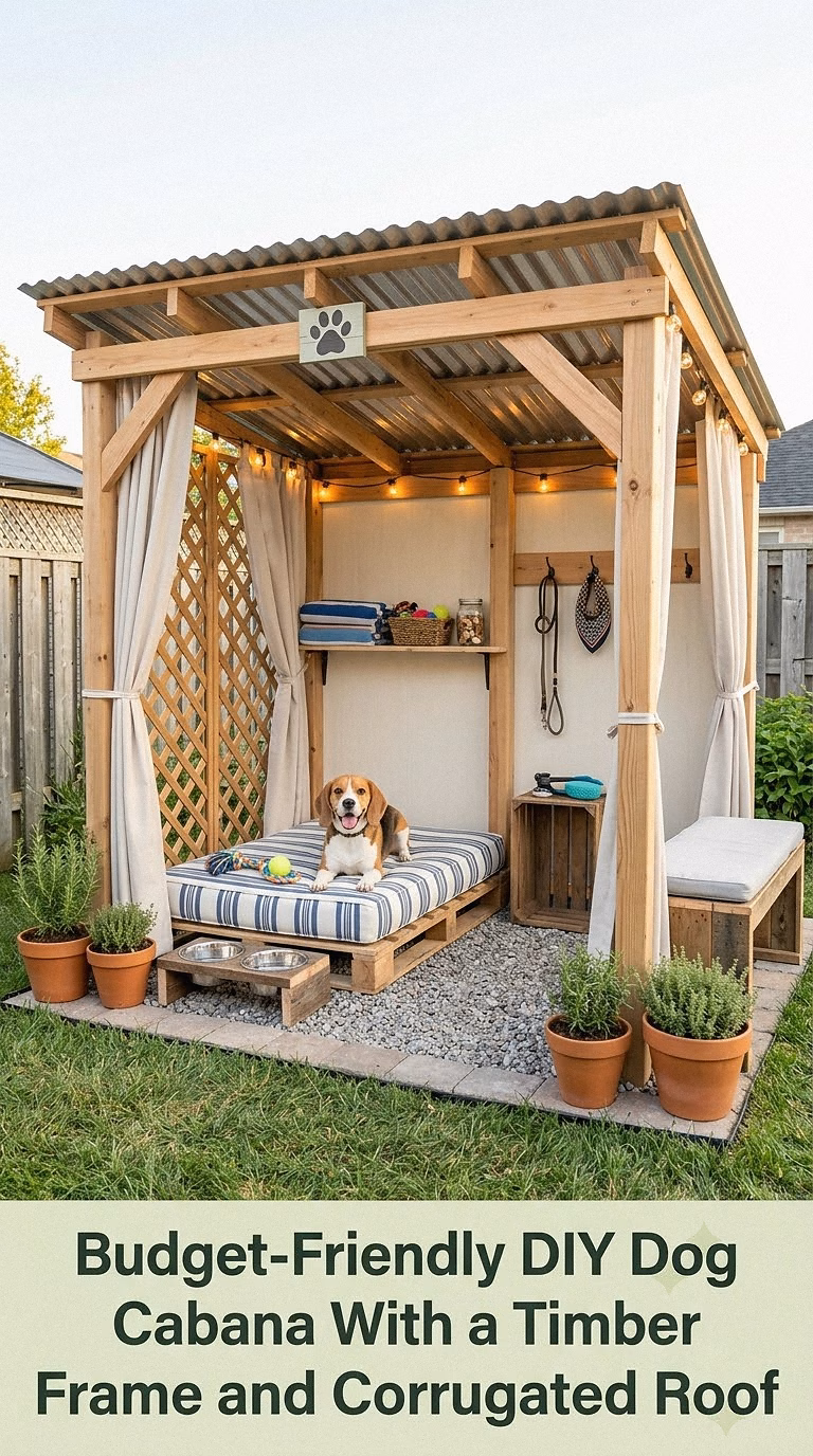 6. Budget-Friendly DIY Dog Cabana With a Timber Frame and Corrugated Roof