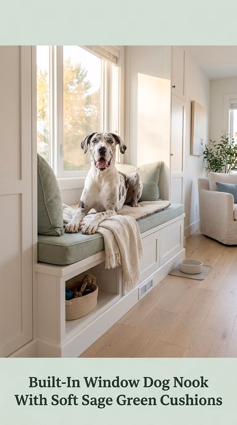 Built-In Window Dog Nook With Soft Sage Green Cushions