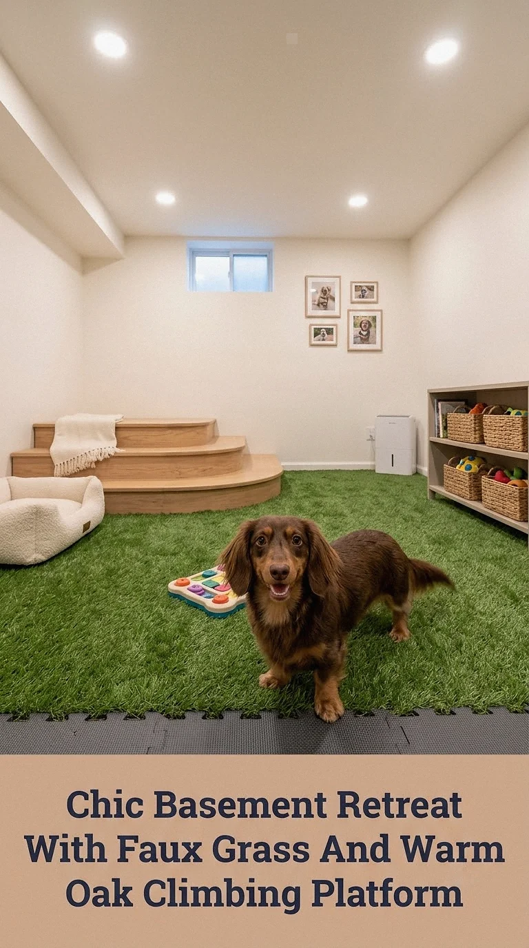 Chic Basement Retreat With Faux Grass And Warm Oak Climbing Platform