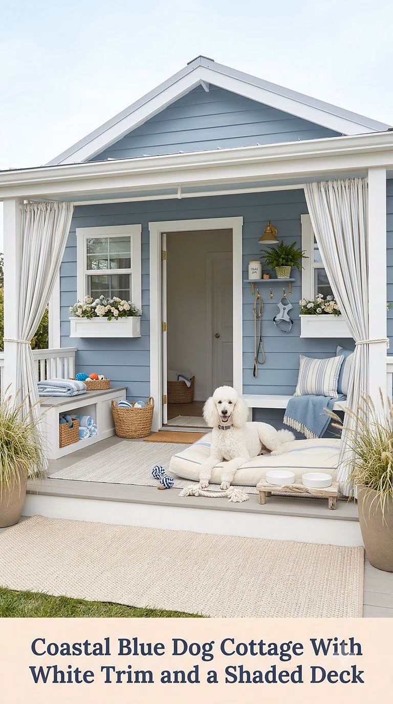 6. Coastal Blue Dog Cottage With White Trim and a Shaded Deck