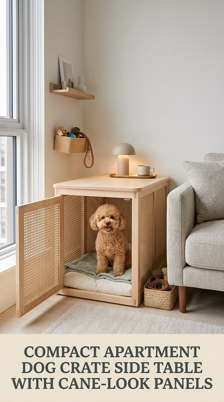Compact Apartment Dog Crate Side Table With Cane-Look Panels
