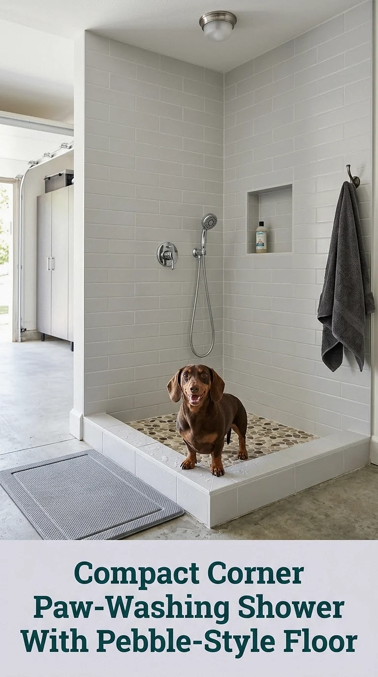 Compact Corner Paw-Washing Shower With Pebble-Style Floor