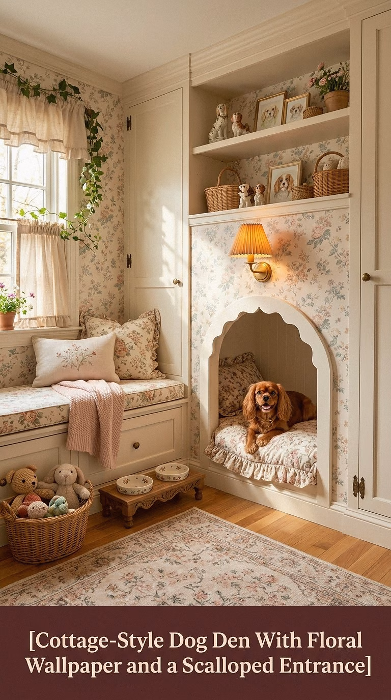 6. Cottage-Style Dog Den With Floral Wallpaper and a Scalloped Entrance