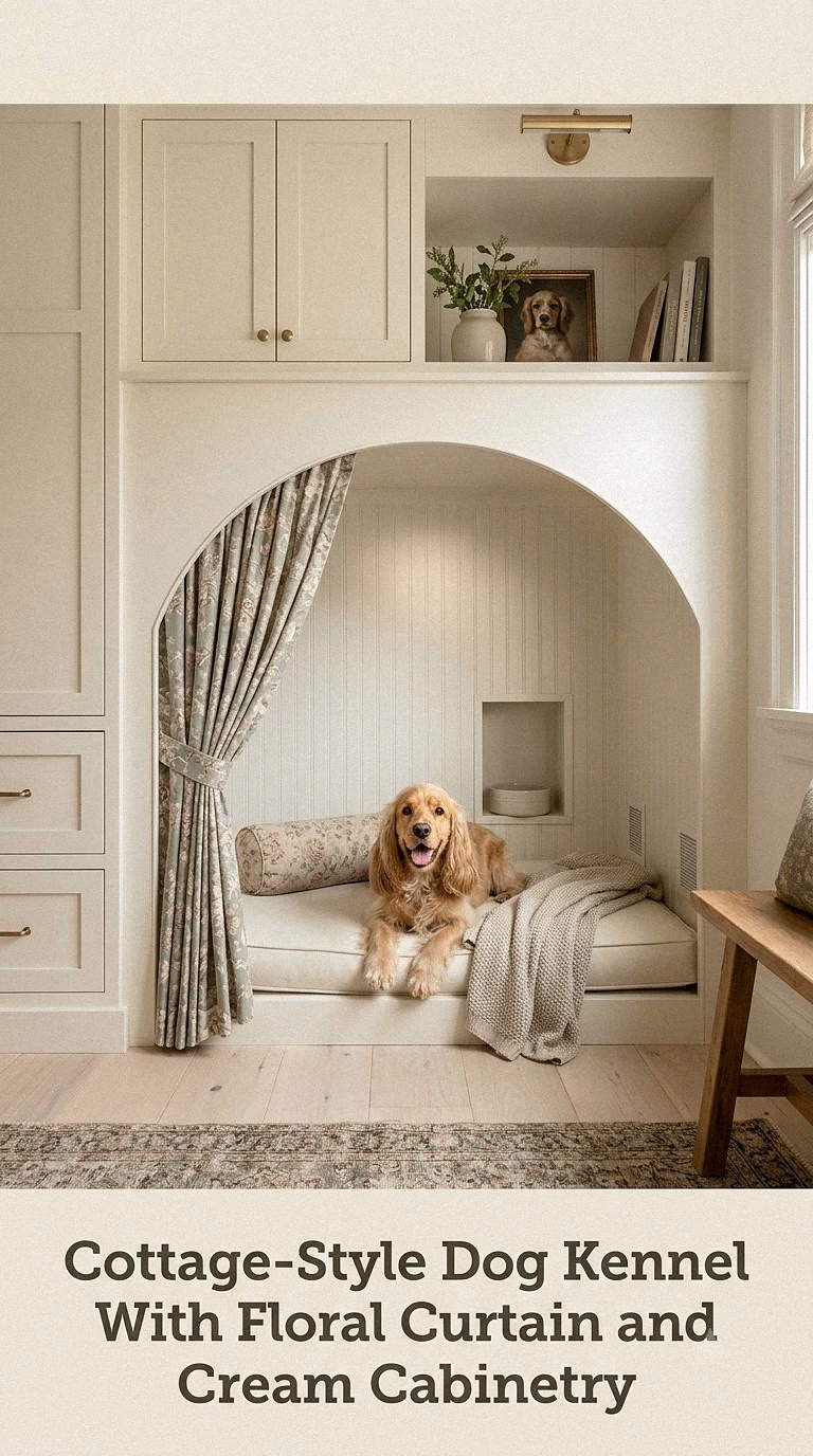 Cottage-Style Dog Kennel With Floral Curtain and Cream Cabinetry