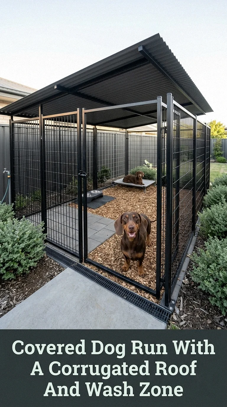 Covered Dog Run With A Corrugated Roof And Wash Zone