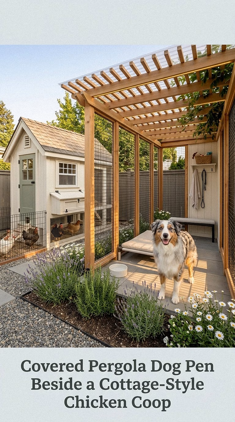 Covered Pergola Dog Pen Beside a Cottage-Style Chicken Coop