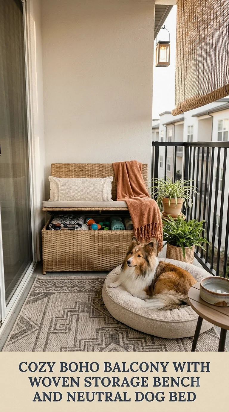 Cozy Boho Balcony With Woven Storage Bench And Neutral Dog Bed