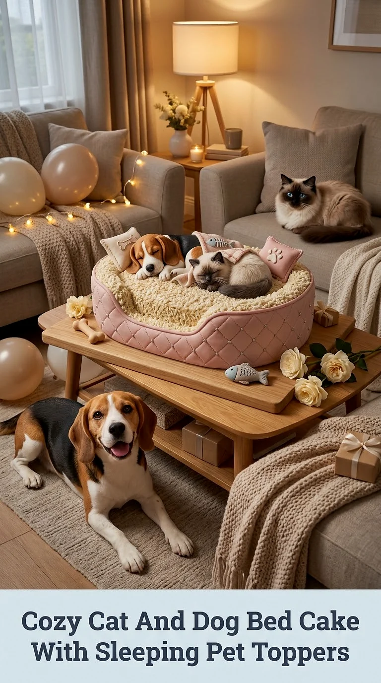 Cozy Cat And Dog Bed Cake With Sleeping Pet Toppers