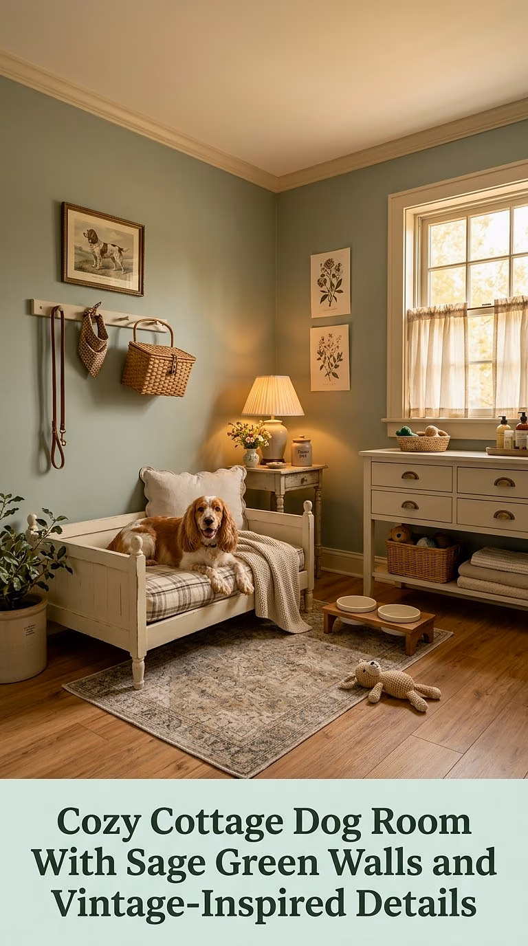 6. Cozy Cottage Dog Room With Sage Green Walls and Vintage-Inspired Details