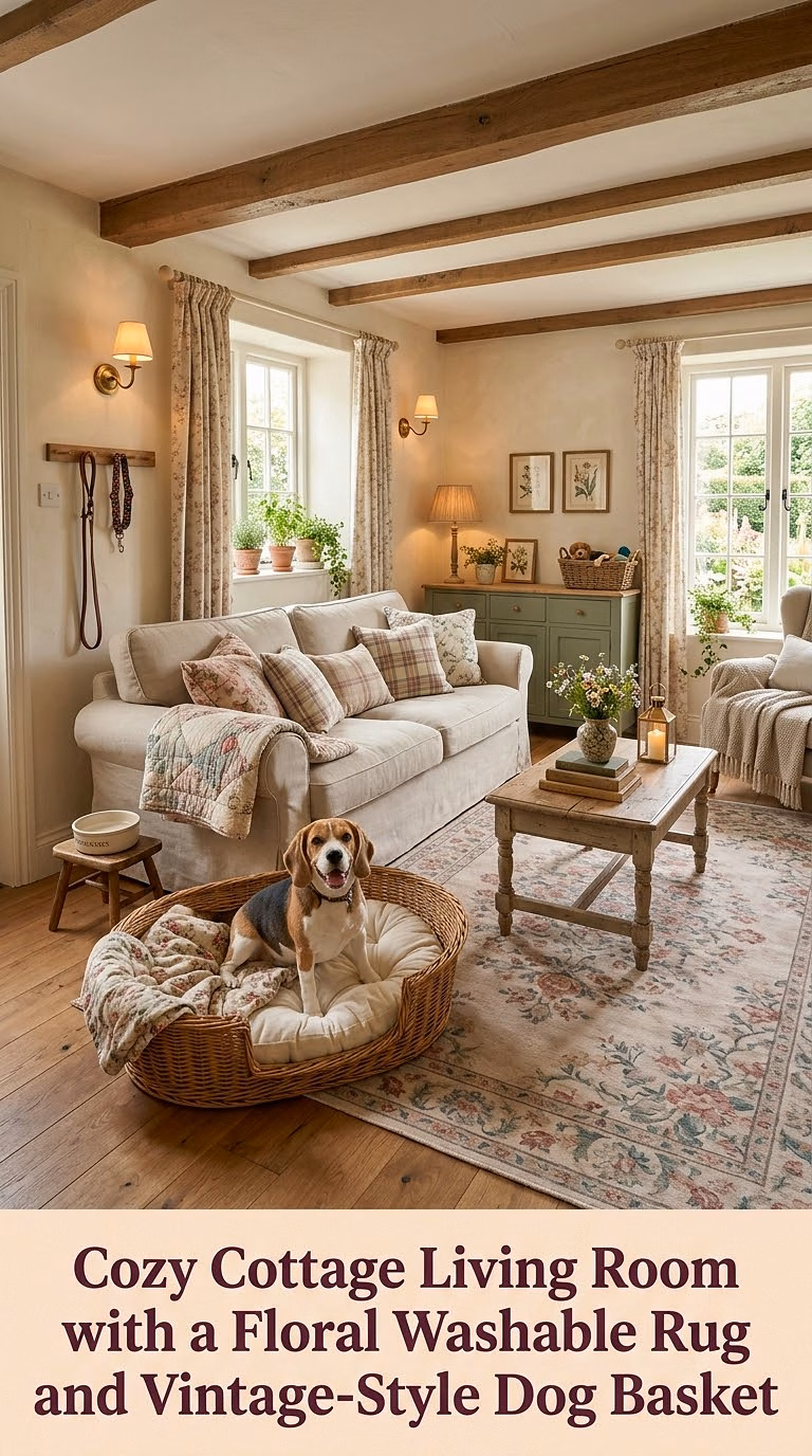 6. Cozy Cottage Living Room with a Floral Washable Rug and Vintage-Style Dog Basket