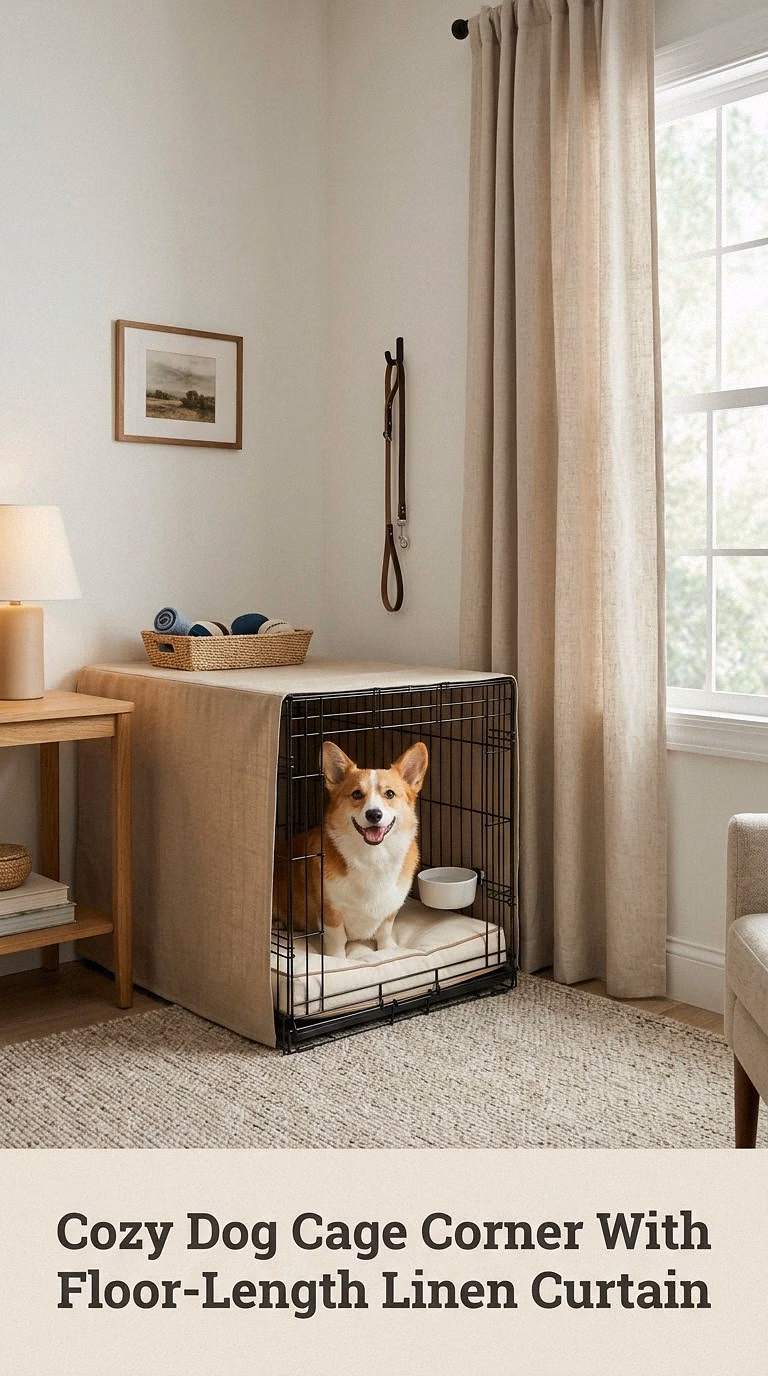 Cozy Dog Cage Corner With Floor-Length Linen Curtain