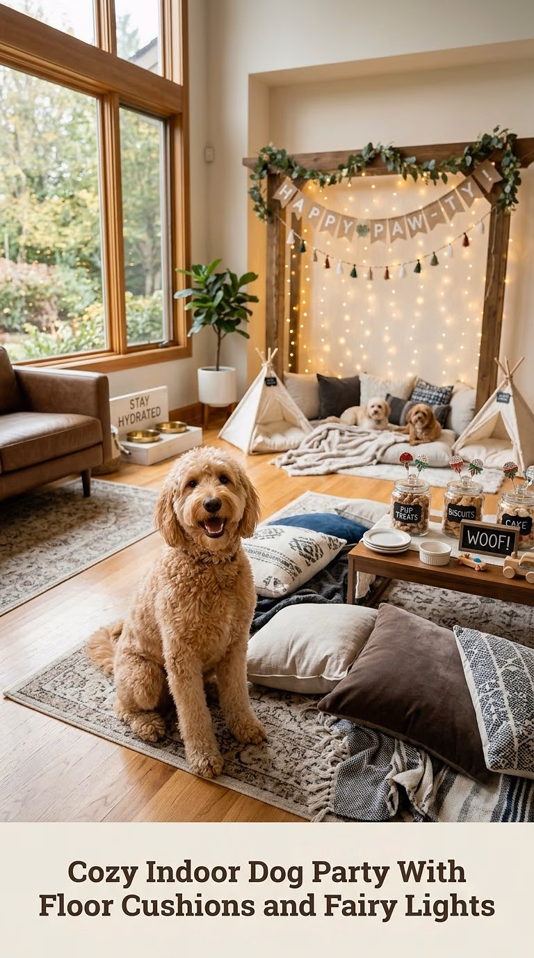 Cozy Indoor Dog Party With Floor Cushions and Fairy Lights