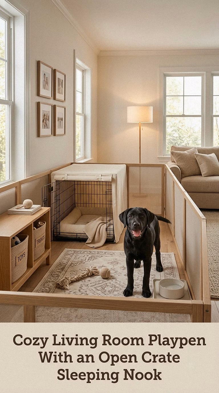 Cozy Living Room Playpen With an Open Crate Sleeping Nook