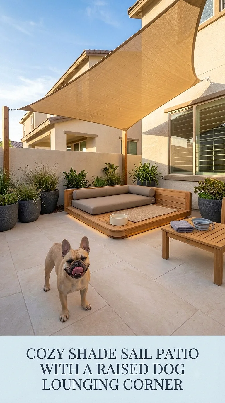 Cozy Shade Sail Patio With A Raised Dog Lounging Corner