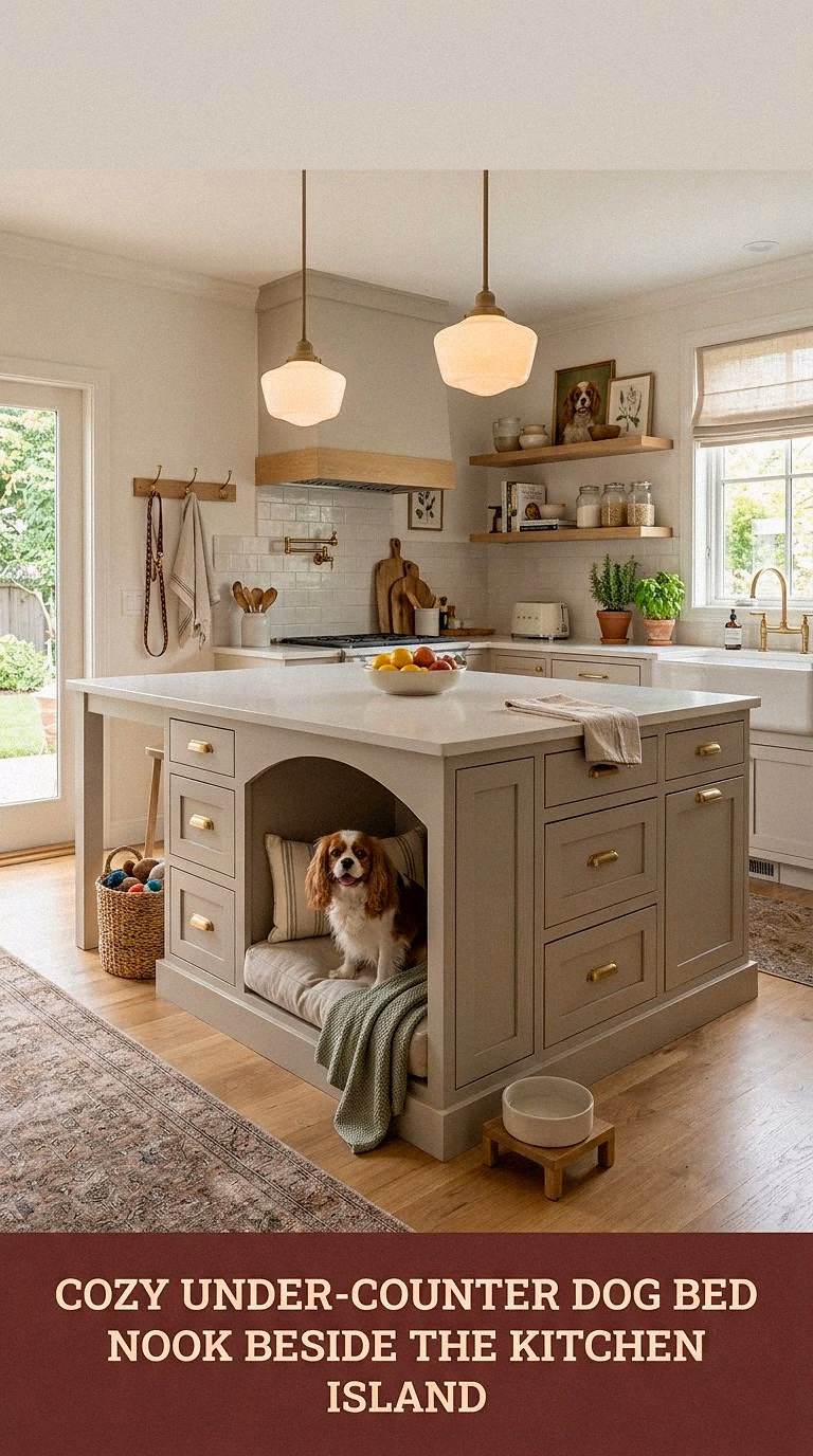 6. Cozy Under-Counter Dog Bed Nook Beside the Kitchen Island