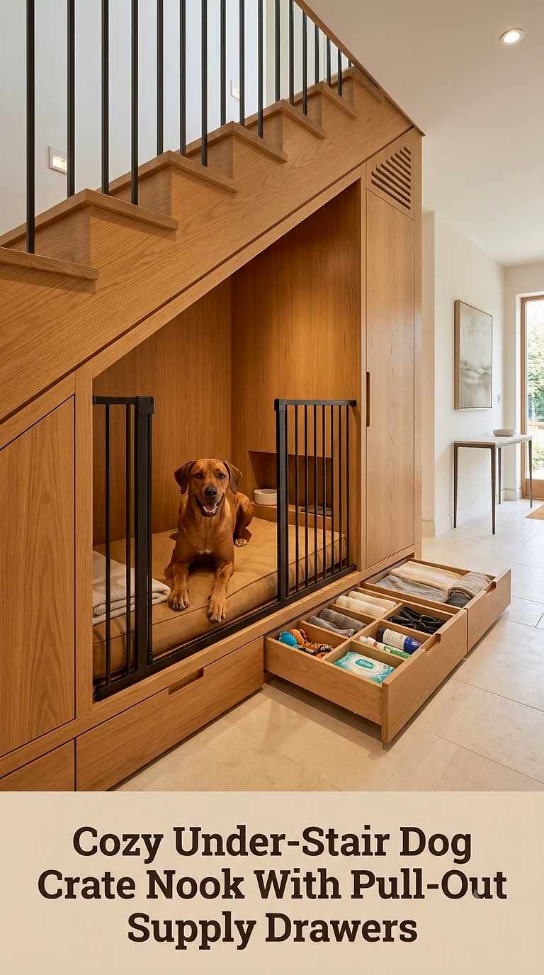 Cozy Under-Stair Dog Crate Nook With Pull-Out Supply Drawers