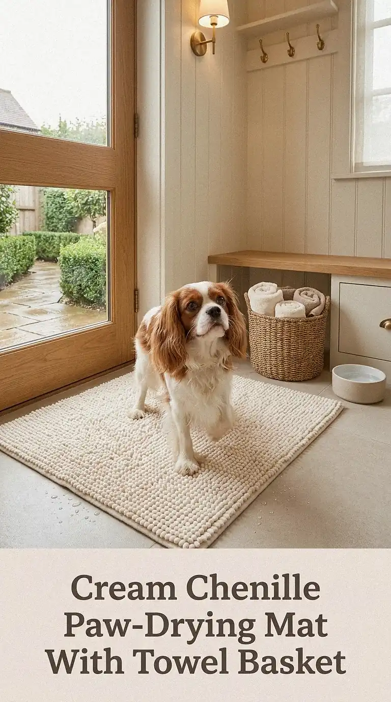 Cream Chenille Paw-Drying Mat With Towel Basket