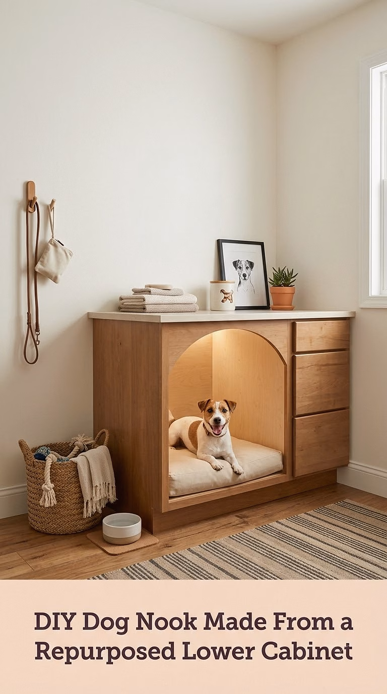 6. DIY Dog Nook Made From a Repurposed Lower Cabinet